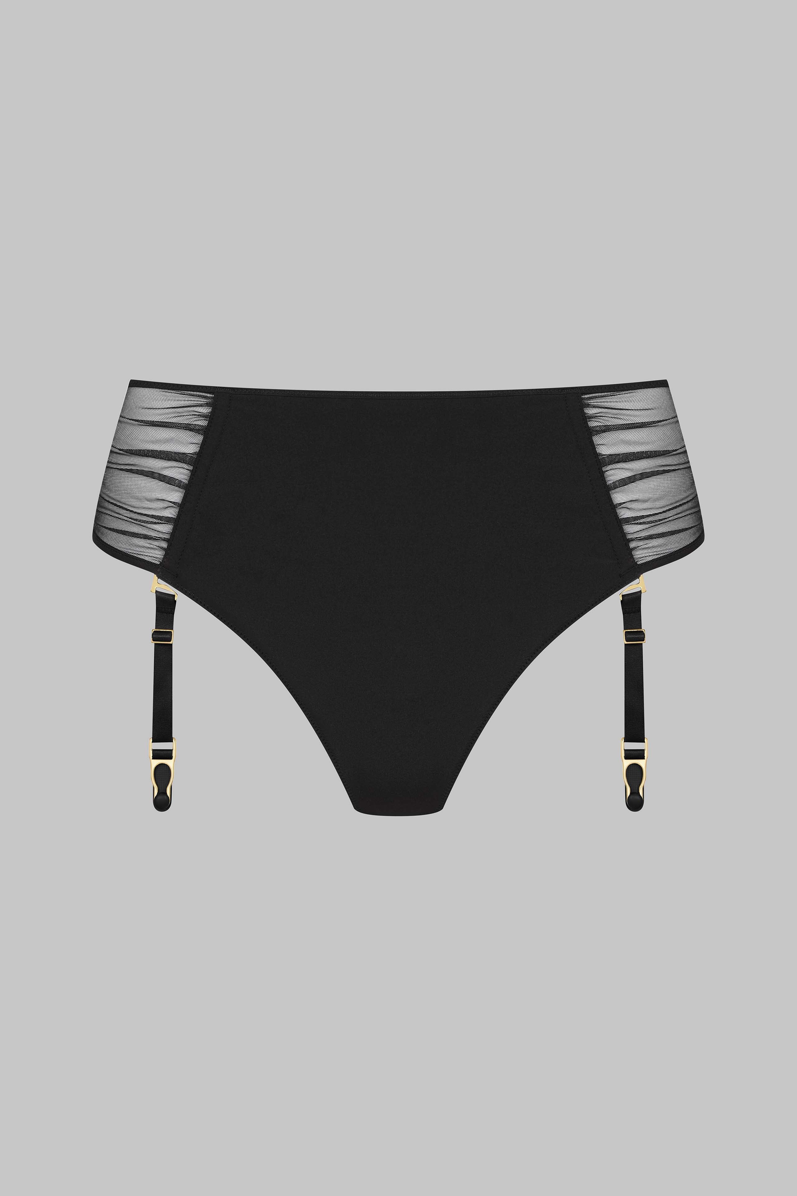 Openable High Waist Tanga With Suspenders - Nuit Fauve