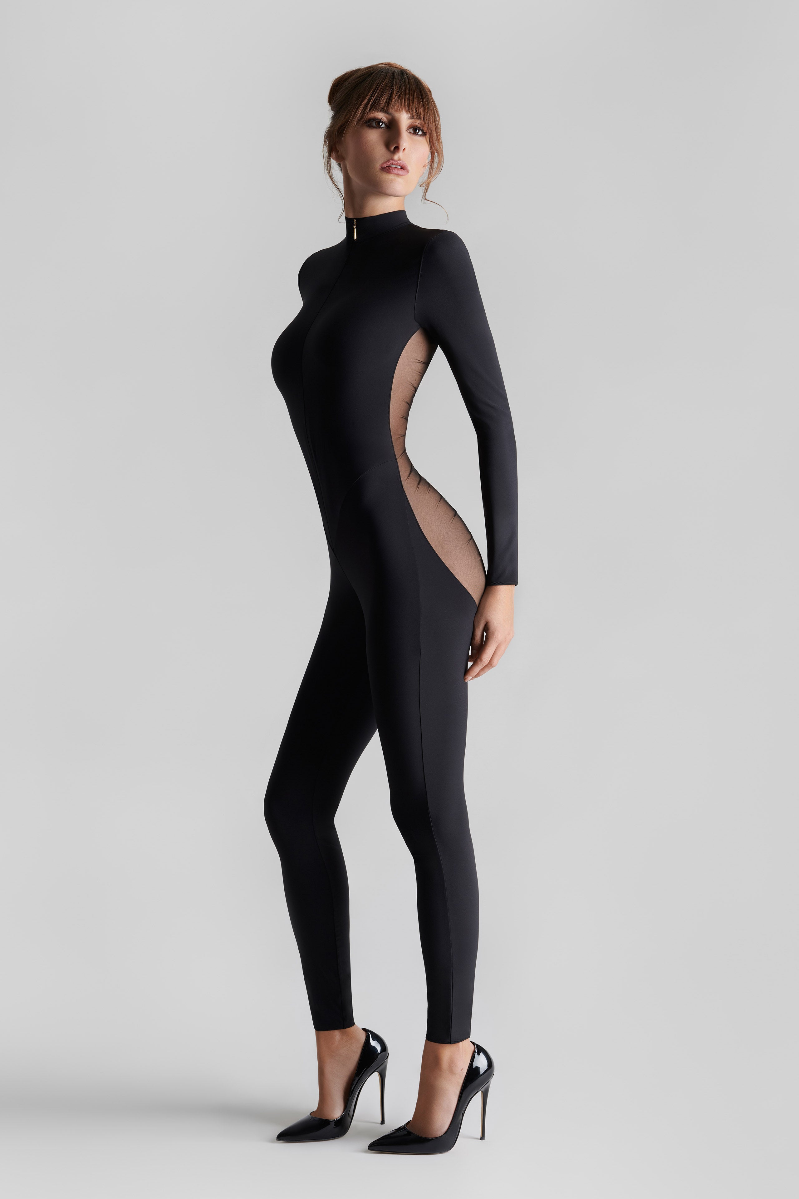 Transparent back long sleeves Jumpsuit - Nuit Fauve