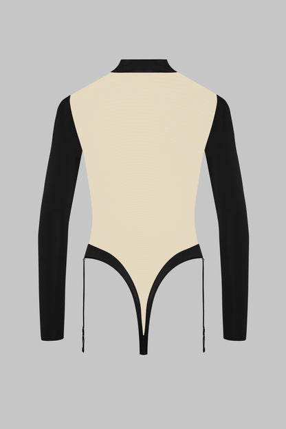 Long Sleeve V-Neck Thong Bodysuit with Garter - Pure Tentation