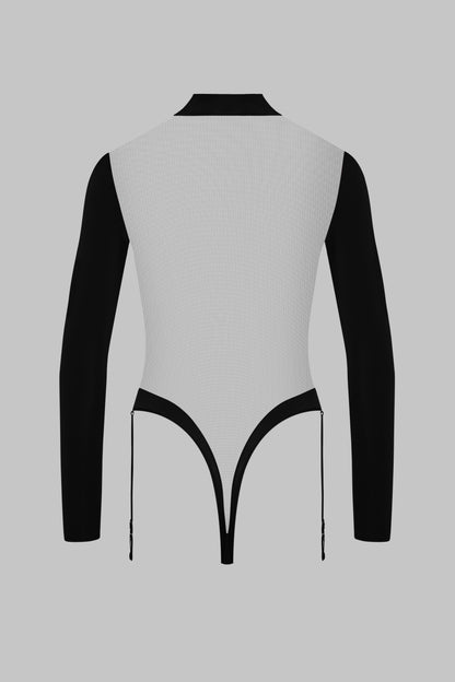 Long Sleeve V-Neck Thong Bodysuit with Garter - Pure Tentation