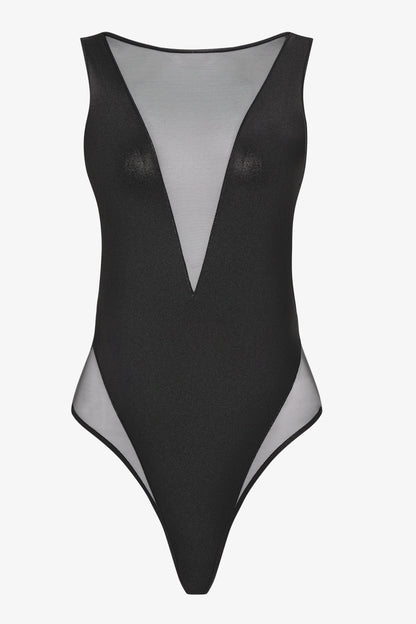 Sheer V-neck one-piece swimsuit - Minuit